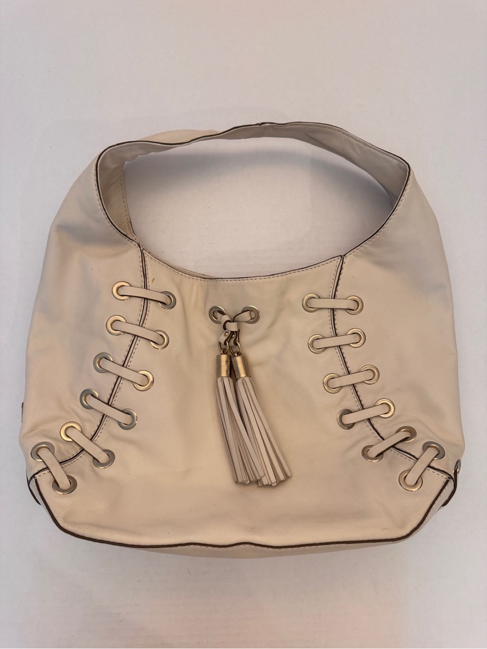 Michael Kors Astor Grommet Hobo Shoulder Leather Bag Purse Ivory Baseball